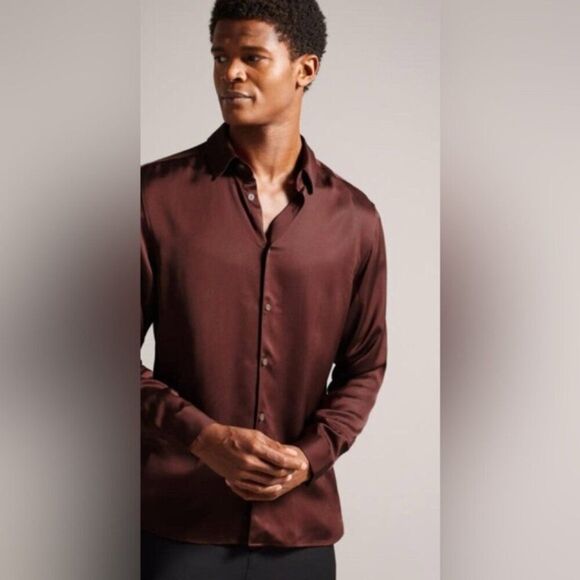 NWT New Ted Baker London Men’s LS Party Shirt Brown Satin Like Finish 2XL (6) - Picture 1 of 9
